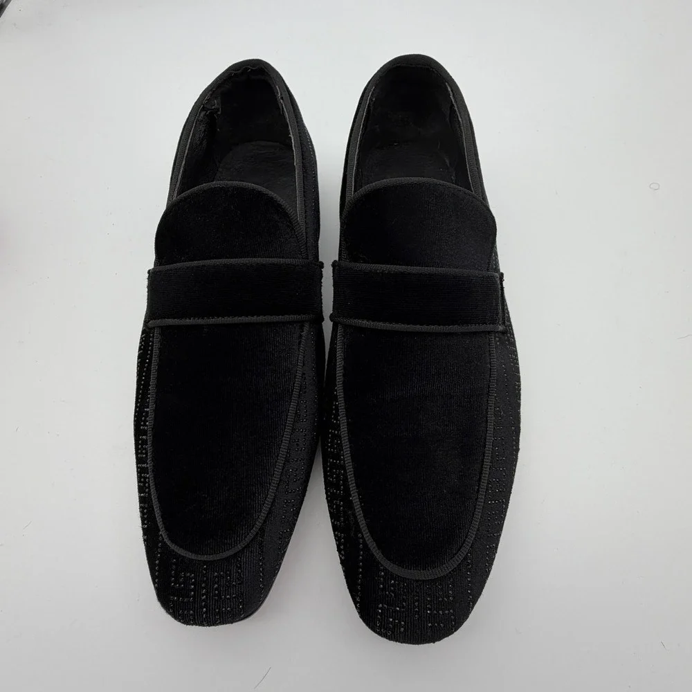 Azar Exclusive Vincent Black Velvet Greek Key Loafers Red Bottom Dress Shoes 9